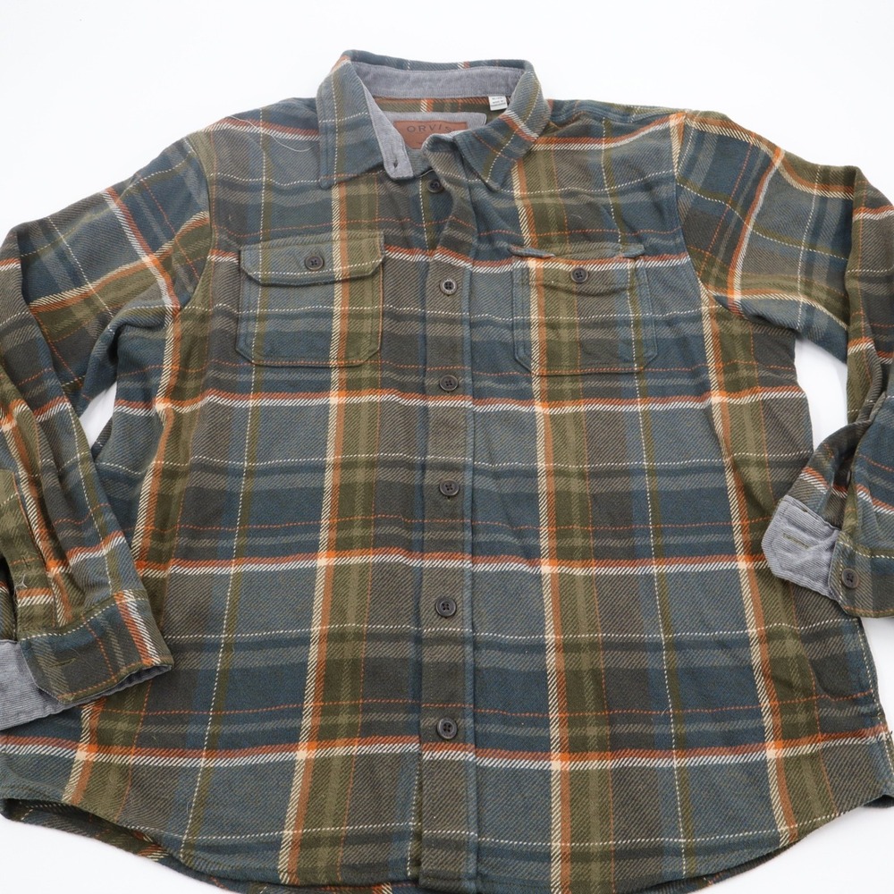 Orvis Flannel Shirt Mens XL Green Blue Plaid Corduroy Trim Long Sleeve Good